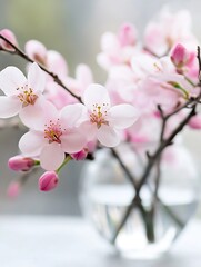 Beautiful bouquet of delicate cherry blossoms in a clear vase on a soft bright background : Generative AI