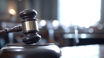 Wooden gavel resting on desk symbolizing justice and law in modern courtroom setting with blurred background : Generative AI