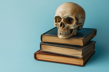 Human skull resting atop a stack of vintage books