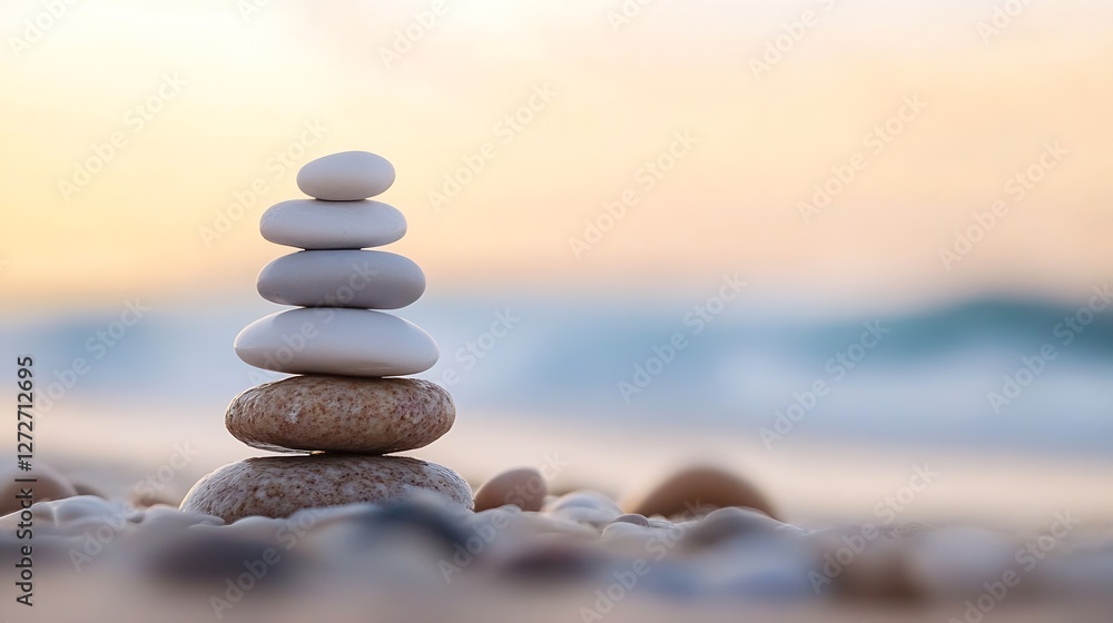 Poster Balanced Stones Piled on Beach with Gentle Waves in Background : Generative AI