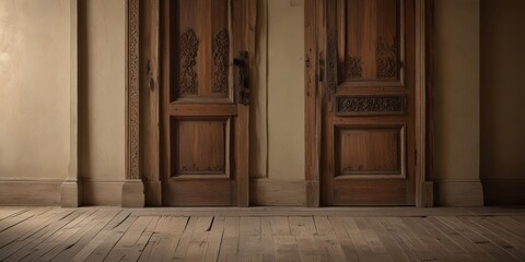 Intricate Carved Wooden Doors and Aged Hardwood Floor in a Classic Interior Setting