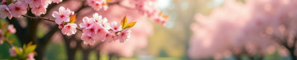 Obraz premium Softly blooming cherry blossoms in gentle pink hue, greenery, trees