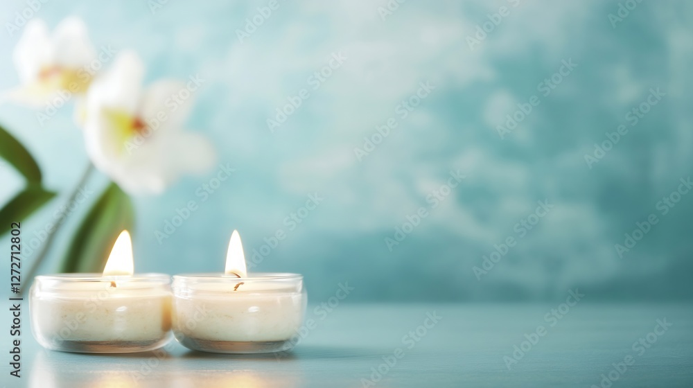 Poster elegant set of scented candles with blooming orchid on soft blue background : generative ai