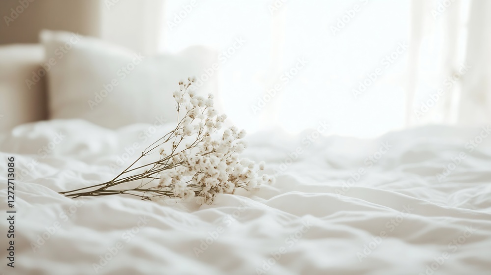 Poster a delicate bouquet of white flowers resting on a soft bed with natural light creating a serene atmos