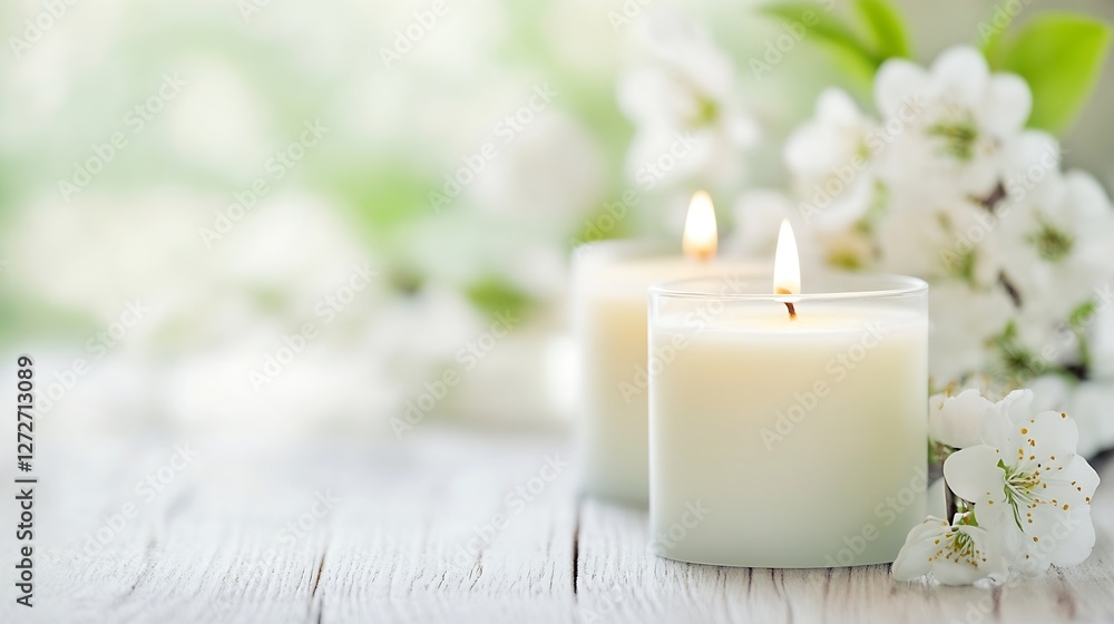 Poster two lit candles with blooming flowers creating a serene atmosphere : generative ai