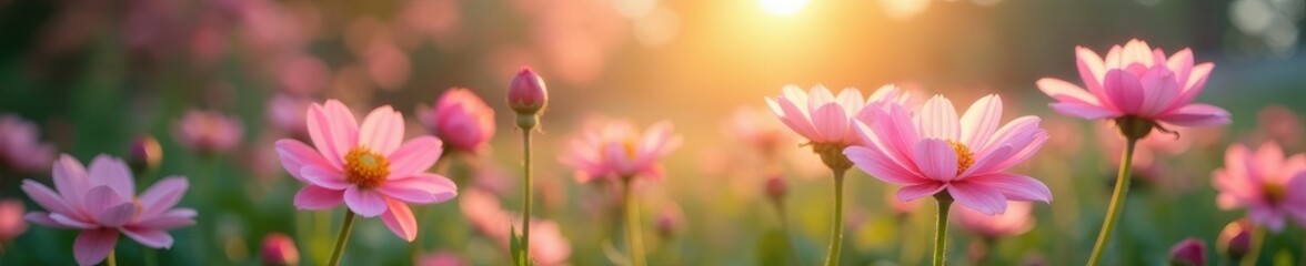 Fototapeta premium Softly glowing blooming flowers in a serene garden, peaceful, pastel colors, gentle