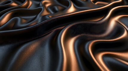 Obraz premium Textured satin displays flowing patterns of black and copper hues, illuminated by gentle light