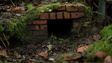 Tiny Brick Structure Surrounded by Greenery in a Forest Setting