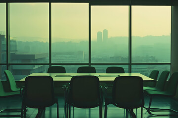 In an empty conference room, green chairs surround a vacant table. The cityscape outside is visible through large windows, creating a tranquil and modern atmosphere for meetings.