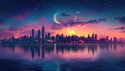 Cityscape at Dusk: Serene Skyline Reflecting on Calm Waters Under a Crescent Moon and Starry Night