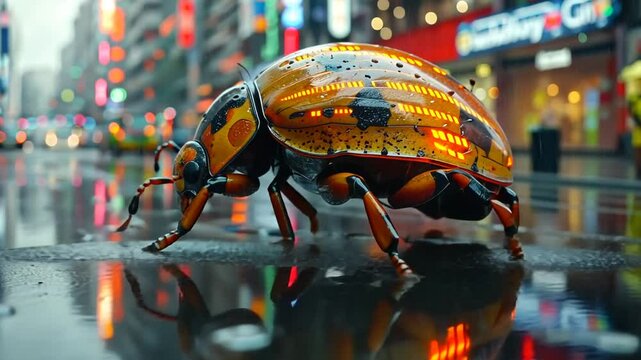 A vibrant, oversized beetle crawling on a wet urban street, illuminated by neon lights in the background