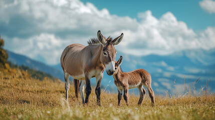 Donkey Week, a donkey calf standing near its mother in the middle of a hilly meadow, with distant mountains and soft white clouds in the background, Ai generated images