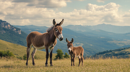 Donkey Week, a donkey calf standing near its mother in the middle of a hilly meadow, with distant mountains and soft white clouds in the background, Ai generated images