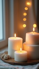 softly lit white candles against bright backdrop, cozy, peaceful