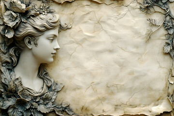 Fototapeta premium A beautifully crafted relief shows a woman's profile adorned with intricately detailed flowers and leaves