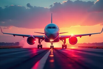 Soft pink and orange lights illuminate the plane's landing gear, gear, sunlit runway