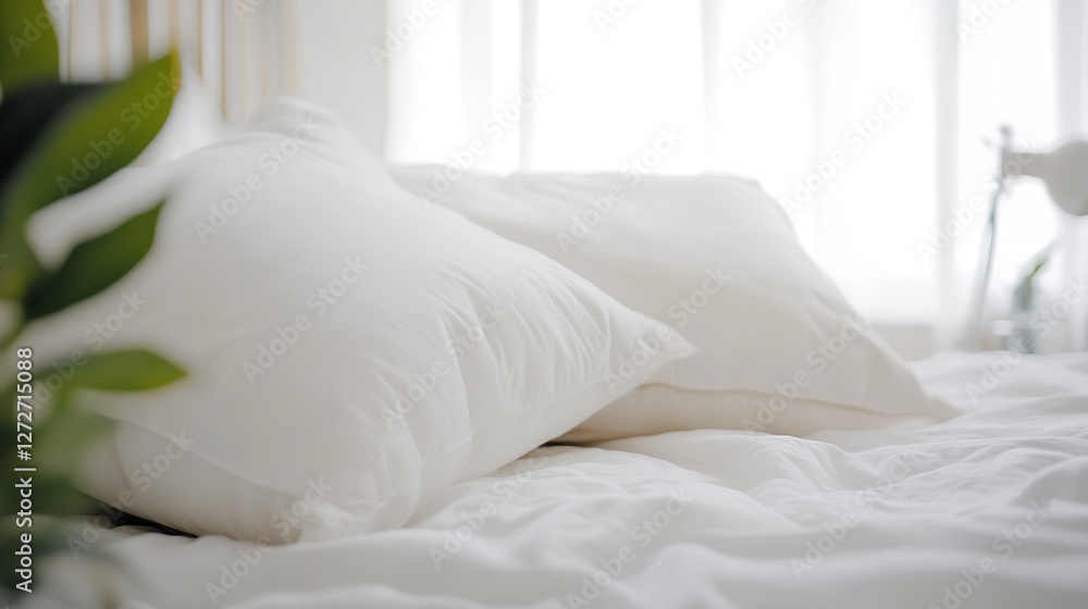 Poster cozy and inviting bedroom scene with soft white pillows on a comfortable bed : generative ai