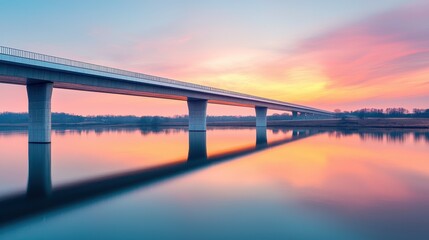 Fototapeta premium A stunning sunset reflects on calm waters under a modern bridge, showcasing a harmonious blend of nature and architecture.