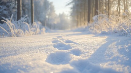 Tranquil Winter Landscape with Footprints in Fresh Snow
