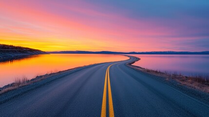 Naklejka premium A serene road winds along a tranquil lake under a vibrant sunset, showcasing stunning colors and a peaceful landscape.