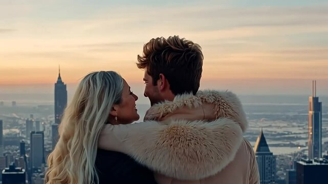 A couple stands close together, enjoying a beautiful sunset over a sprawling urban skyline. The winter chill is evident as they wrap up warmly, captivated by the moment