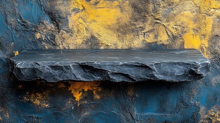 Naklejka premium Dark stone shelf dramatically contrasts vibrant blue gold wall background. AI Generated
