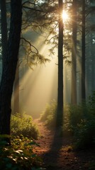 Fototapeta premium Morning light filtering through tree branches, casting long shadows on the ground, peaceful and quiet forest scene
