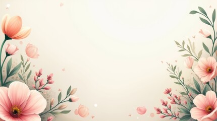 Fototapeta premium An elegant March 8 postcard with pastel flowers and greenery, minimalist style, celebrating International Women’s Day with a soft and feminine look