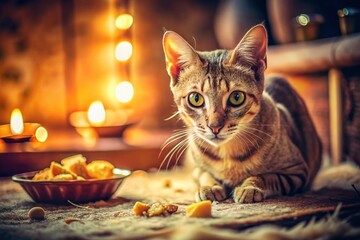 Vintage Photo: Arabian Mau Cat Enjoying a Treat at Home