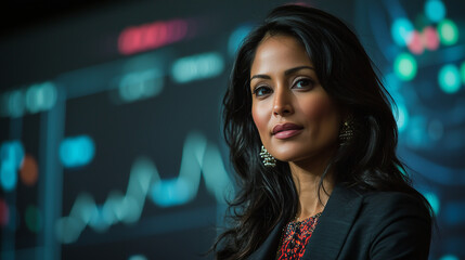Confident Indian Businesswoman Delivering a High-Impact Presentation with Dynamic Data Visuals on a Digital Display