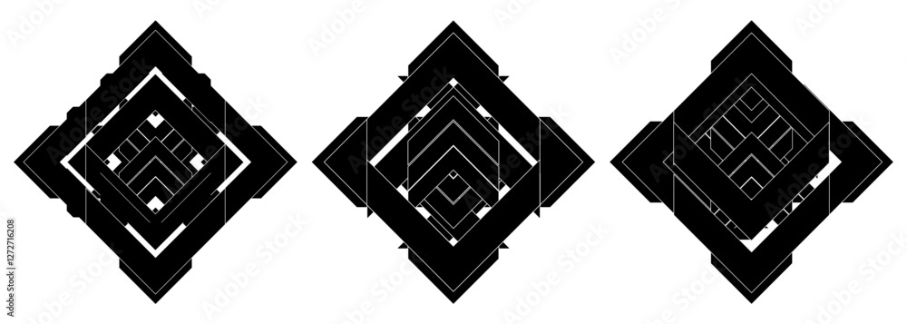 Poster Abstract technology digital sci-fi element set. Black isolated futuristic shapes on white background. Vector illustration
