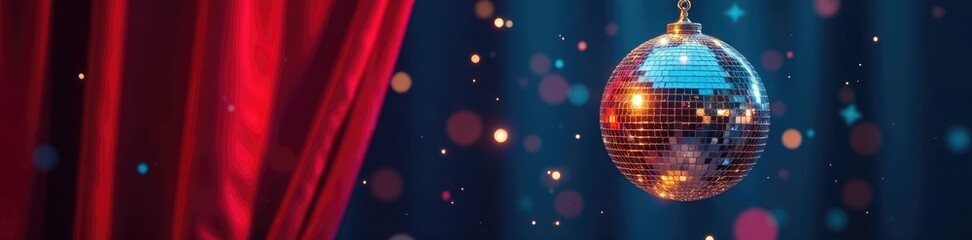 Obraz premium Sparkling disco ball with a gold chain hanging from a velvet curtain, shine, curtain, velvet