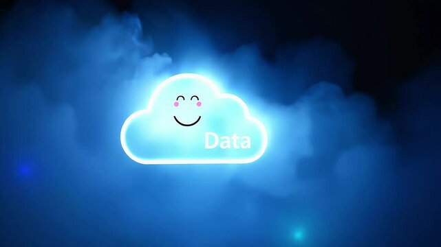 A whimsical cloud with a smiling face and the word 'Data' illuminated against a dark, misty background