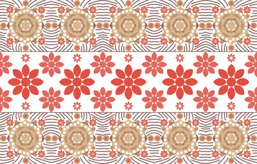 Zentangle style art combination of octagonal shapes and doodle lines Use a white background, red flowers, orange, geometric shapes. Designed for textiles, printed fabrics, decoration.