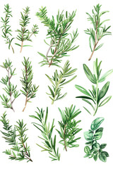 Fototapeta premium This image features a vibrant set of fresh rosemary sprigs neatly arranged and isolated on a crisp white background, perfect for culinary, herbal, or natural product themes.
