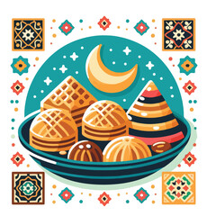 A simple flat design vector of Ramadan sweets like baklava and qatayef placed on a plate with colorful patterns around it