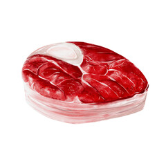 piece of meat. Watercolor illustration isolated on she. Red juicy piece of meat. Beef or lamb. Pork or horse meat. Picnic steak. fresh products. Restaurant menu and assortment in the store.