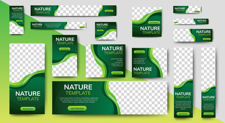 Nature banner design web template Set, Horizontal header web banner. Modern Gradient green cover header background for website design, Social Media Cover ads banner, flyer, invitation card