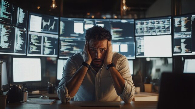 A frustrated developer struggling with bugs in an urban office. Featuring multiple screens displaying error logs