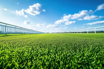 Vibrant Green Grass Race Track Extends to Blue Sky, White Fence Encloses Lush Field Under Sunny Day