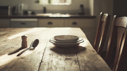 Obraz premium Dementia risk shown by an abandoned kitchen table. Featuring soft, natural light and warm tones