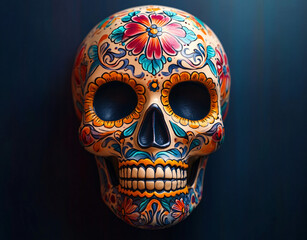 A vibrant decorative skull ideal for Day of the Dead celebrations, showcasing intricate designs against a dark backdrop, perfect for event posters or festive invitations.