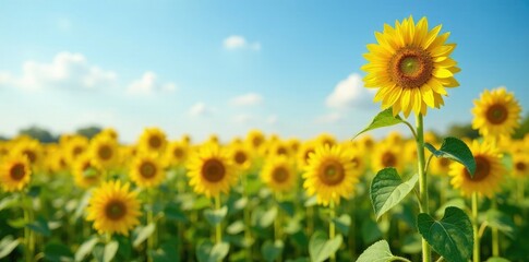 Obraz premium Sunflower fields with tall stalks swaying in breeze, sunflowers, summer