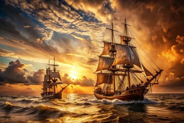 Obraz premium Vintage Photo: Two Historic Sailing Ships at Sea, Dramatic Sunset