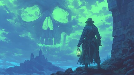 A paranormal detective holding an antique lantern, standing amidst the ruins of a castle with the shadow of a large creature, colorful anime style