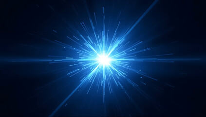 Fototapeta premium A vivid blue energy flare with a glowing core, emitting sharp radial beams and subtle halo effects on a deep black background. Ideal for futuristic designs, sci-fi themes, and digital overlays.