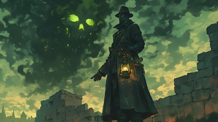 A paranormal detective holding an antique lantern, standing amidst the ruins of a castle with the shadow of a large creature, colorful anime style