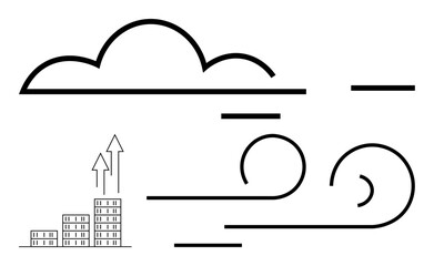 Minimalist cloud, arrows over buildings, flowing wind lines depict growth, change, energy, sustainability, innovation. Ideal for progress, business weather nature concepts abstract line flat