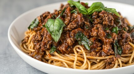 Delicious plate of spaghetti bolognese garnished with fresh basil leaves