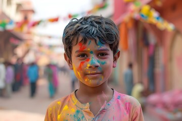 Fototapeta premium Young boy with colorful powder on face during Holi festival celebration in India. Joyful child with painted cheeks smiling at camera. Traditional Hindu spring event.